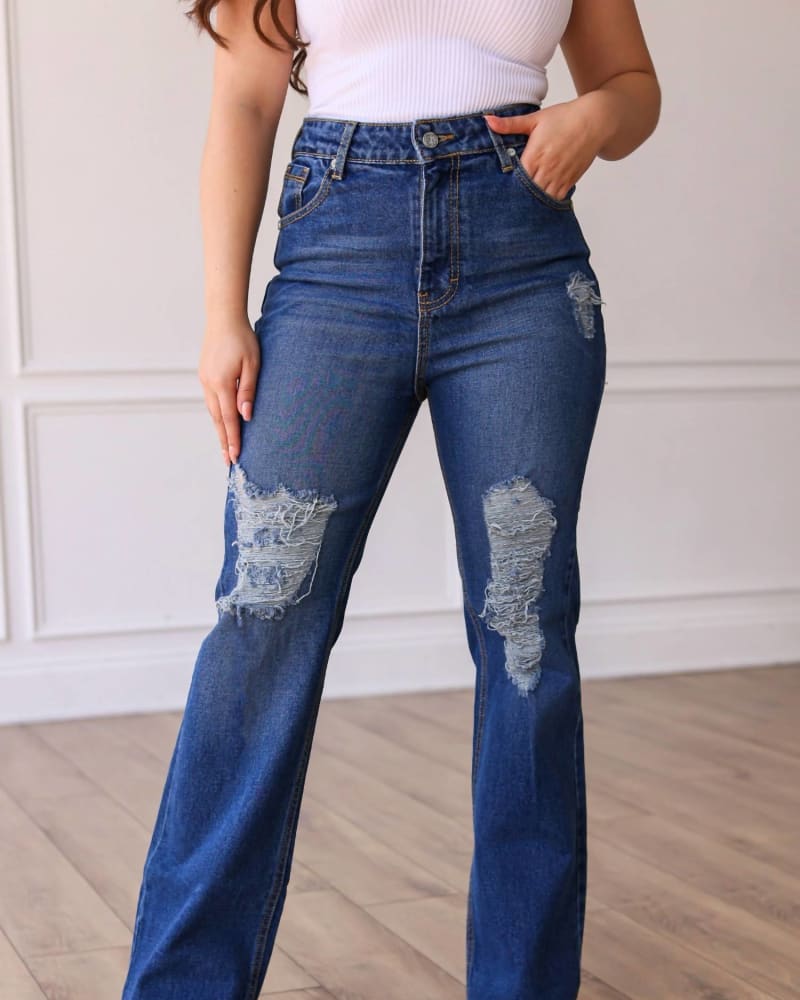 Front of a model wearing a size 14 Mid Rise Straight Leg Denim In Medium Wash in Medium Wash by Southern Grace. | dia_product_style_image_id:357545